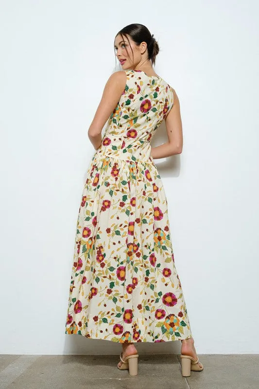 Alma Sleeveless Waist Tie Floral Print Maxi Dress Ivory
