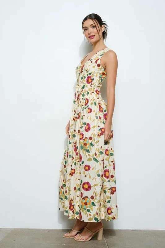 Alma Sleeveless Waist Tie Floral Print Maxi Dress Ivory