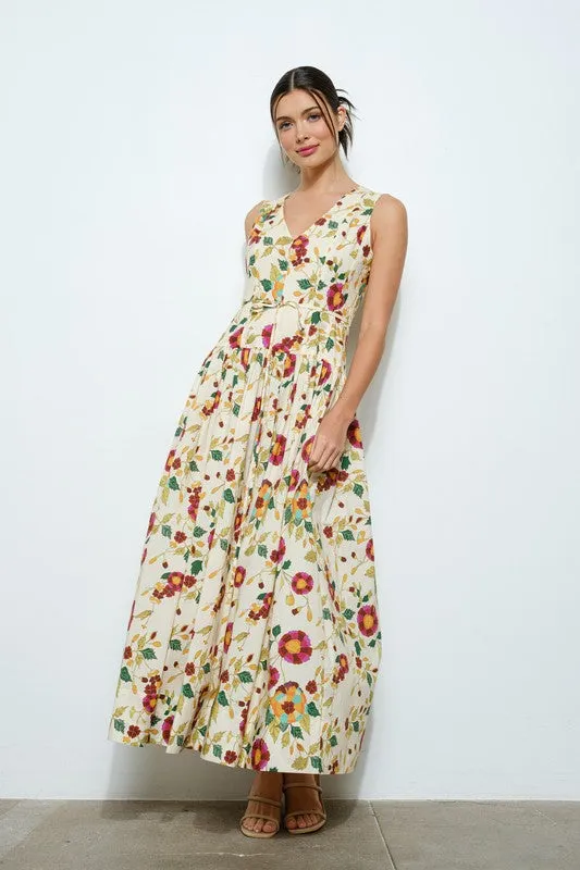 Alma Sleeveless Waist Tie Floral Print Maxi Dress Ivory