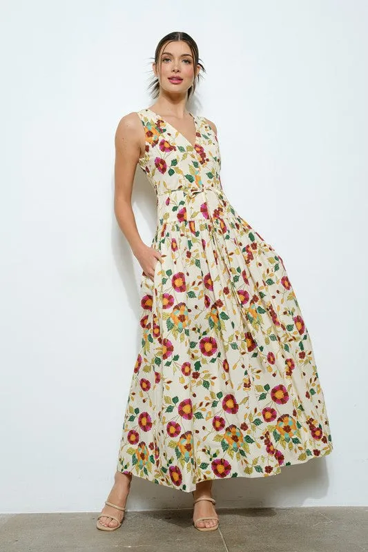 Alma Sleeveless Waist Tie Floral Print Maxi Dress Ivory