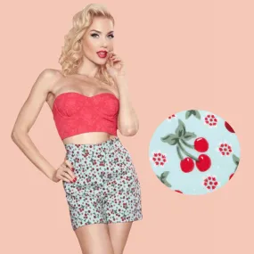 Bettie Page Hot Time Shorts in Aqua Cherry Print