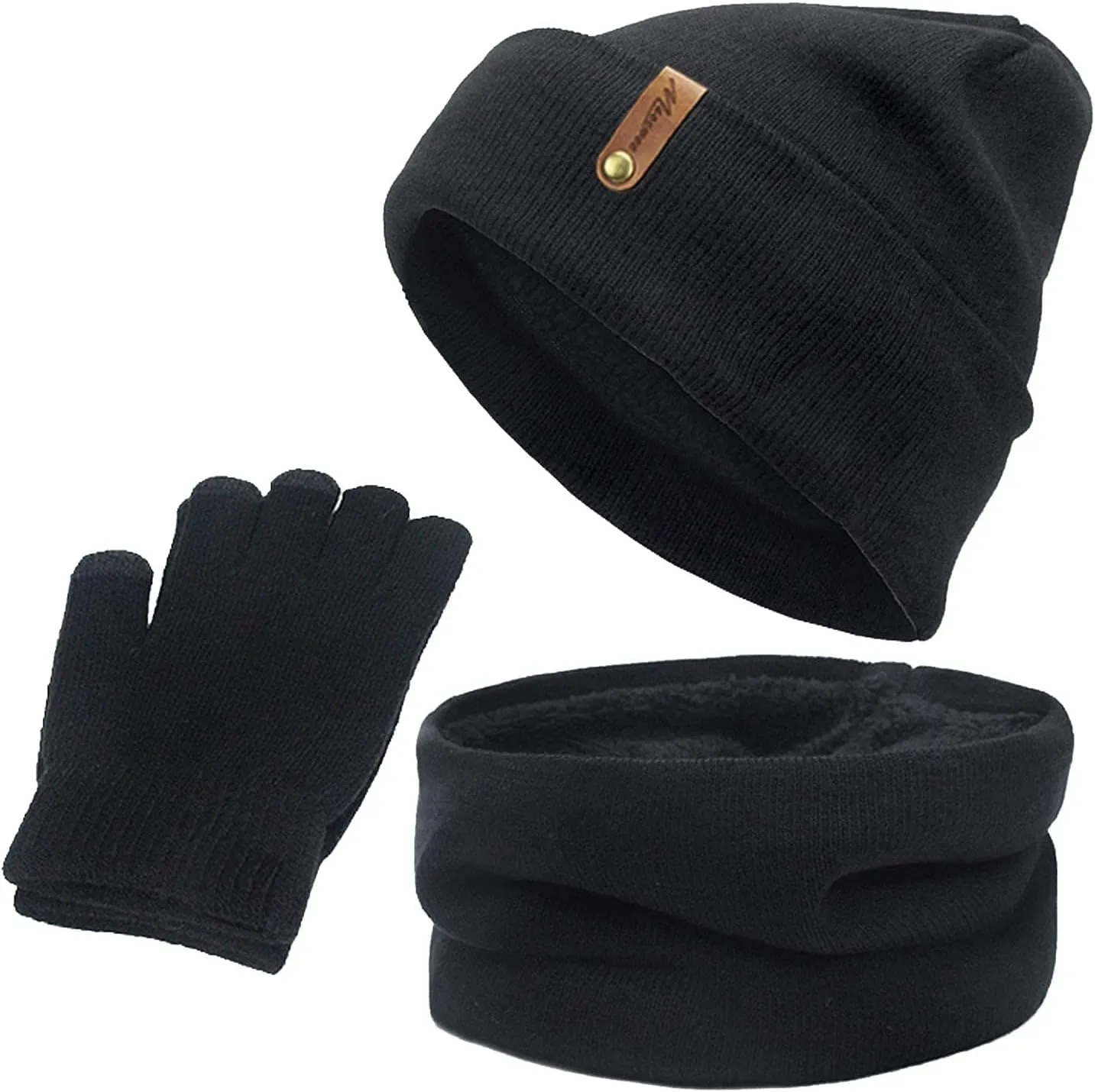 Black Scarf; Scarf Hat Gloves Set Women Warm Thick Cable Knit Touch Screen Gloves Long Scarf