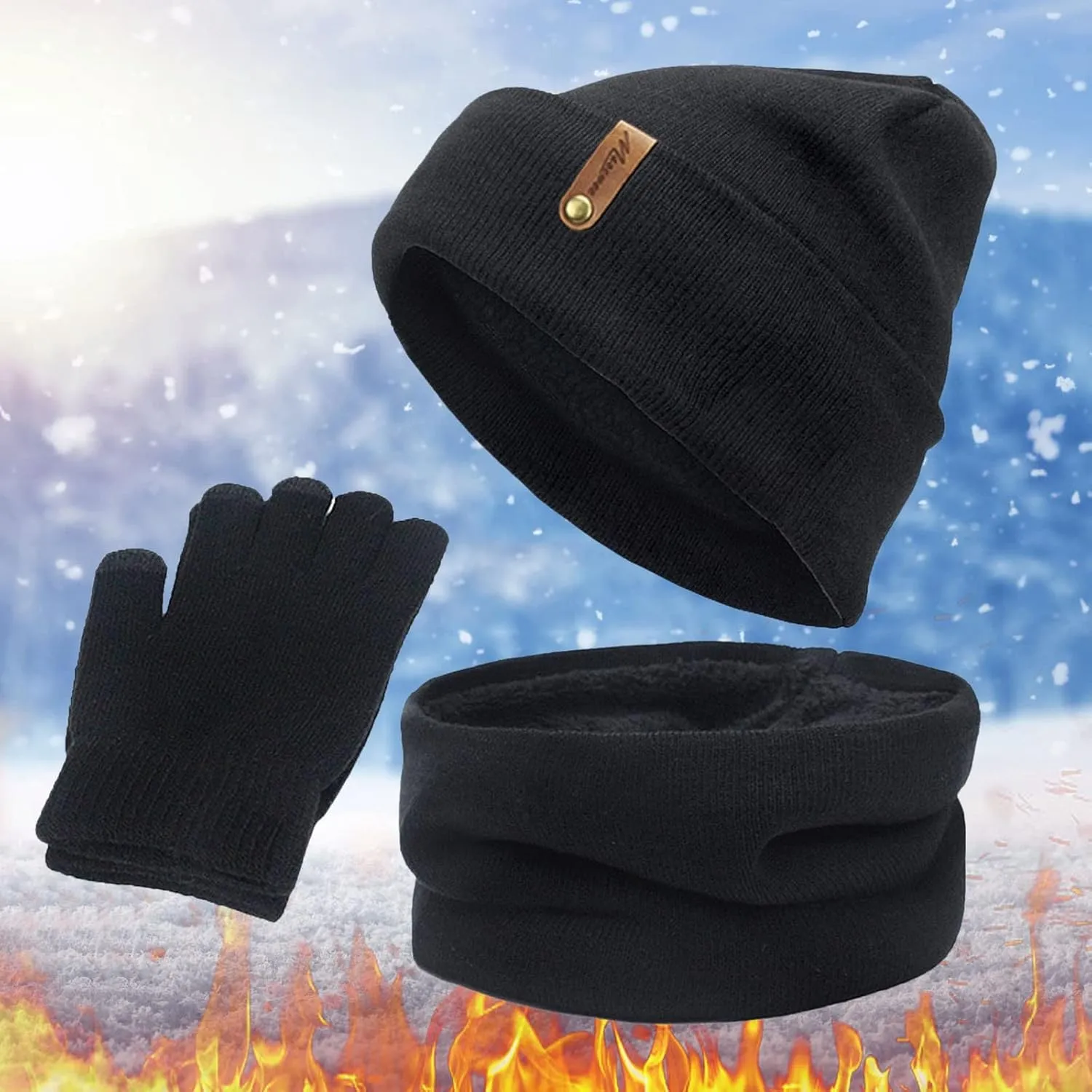 Black Scarf; Scarf Hat Gloves Set Women Warm Thick Cable Knit Touch Screen Gloves Long Scarf