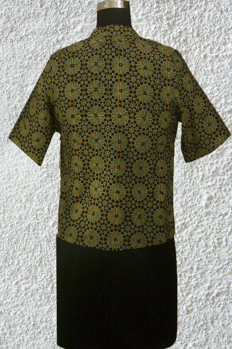 Black with Olive Green Flowers Ajrak Crop Top- 36 & 38 Size