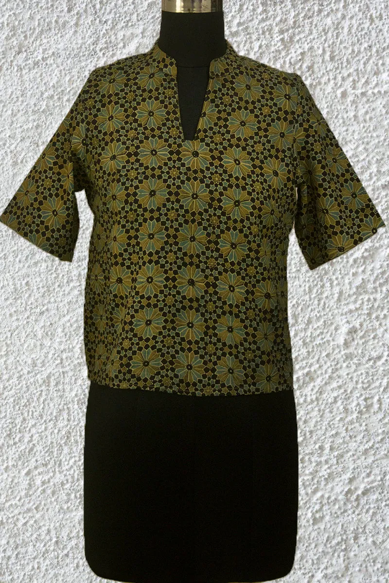 Black with Olive Green Flowers Ajrak Crop Top- 36 & 38 Size