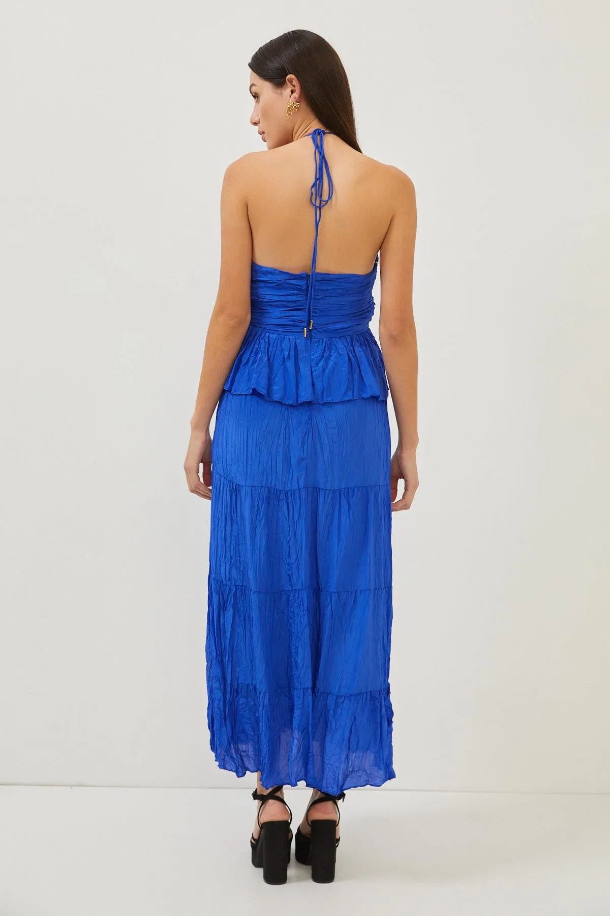 Blue Ruffle Detail Strappy Open Back Maxi Dress