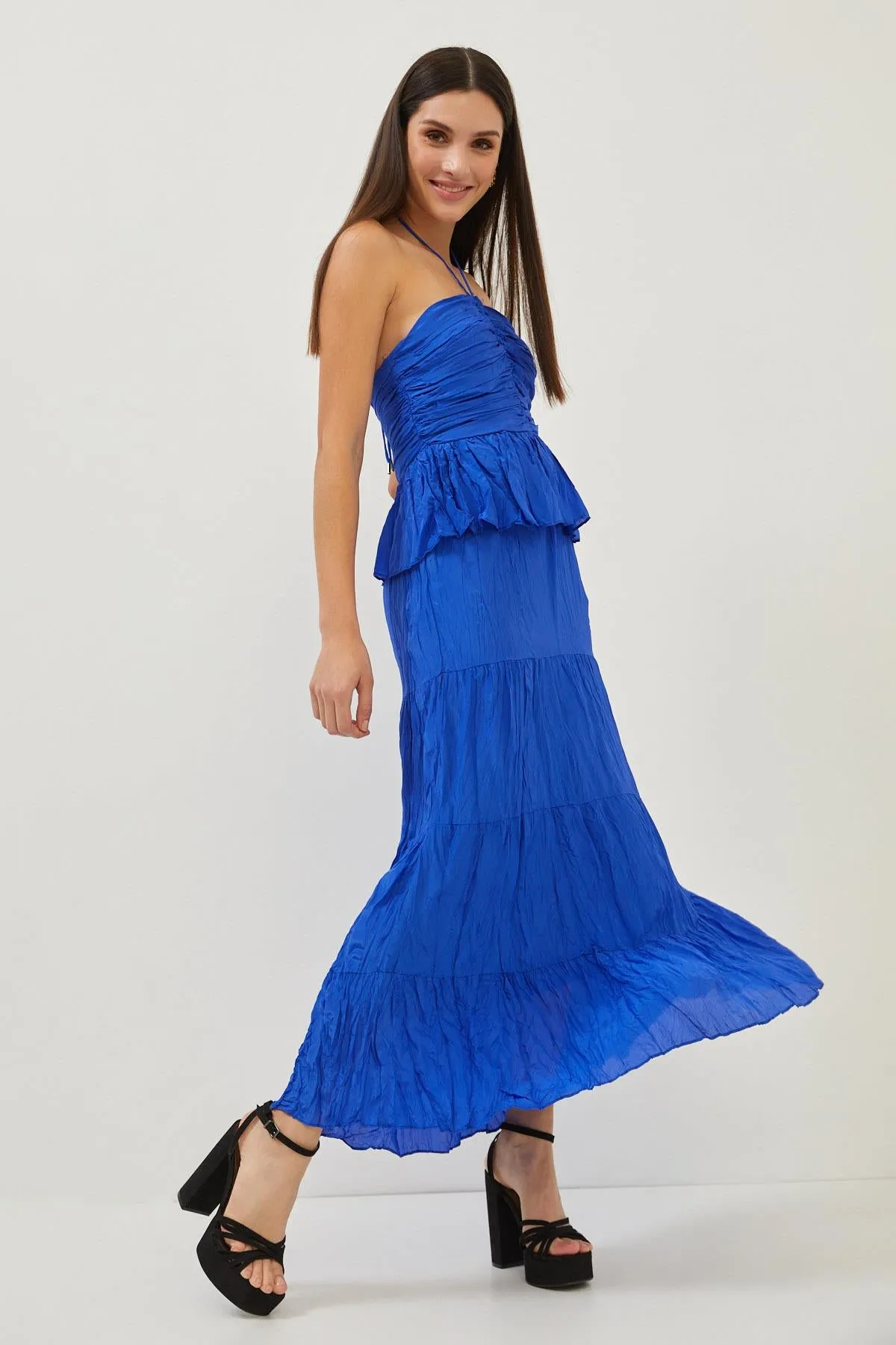 Blue Ruffle Detail Strappy Open Back Maxi Dress