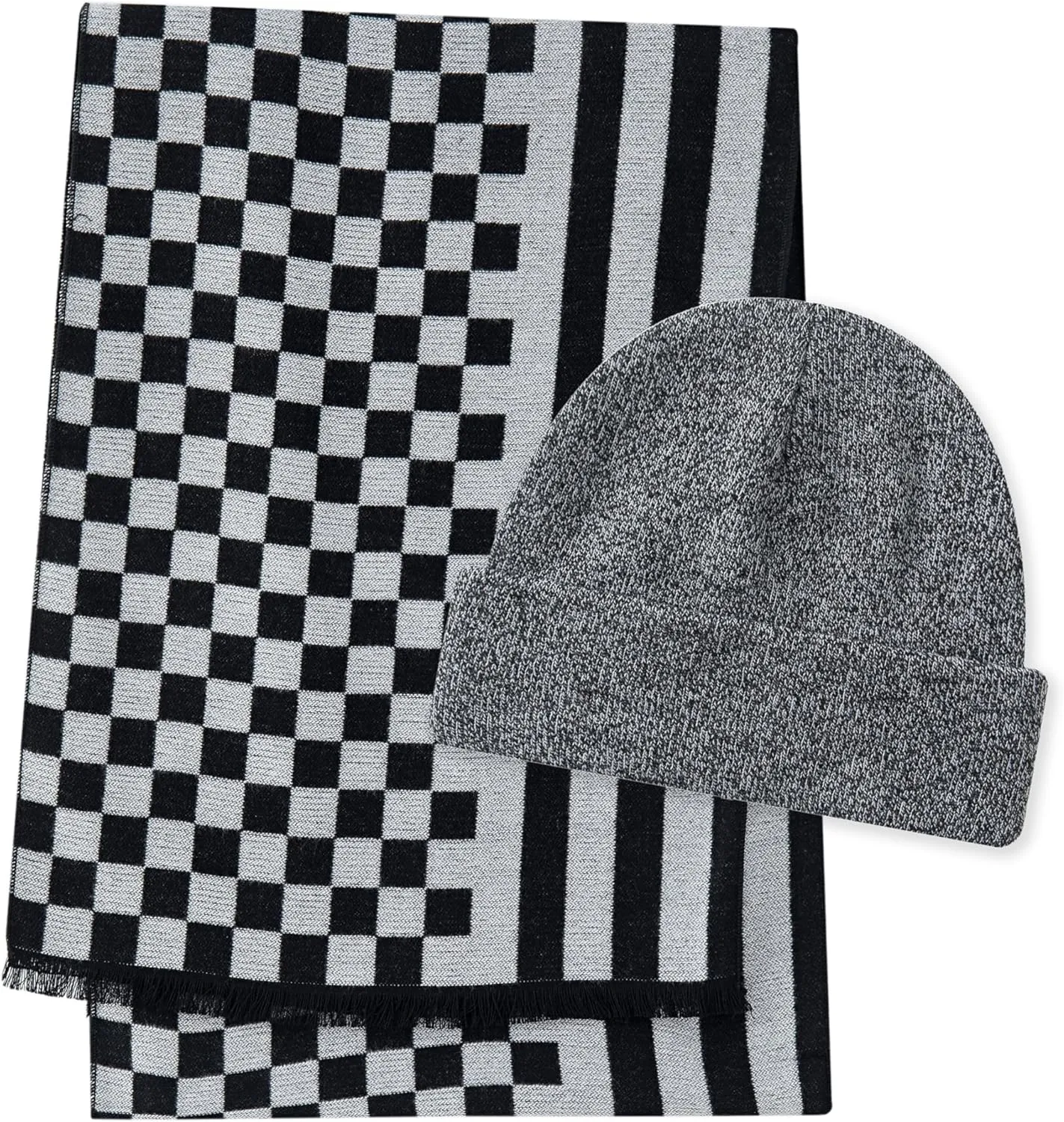 CALVIN & OLIVIA Mens Winter Warm Long Soft Scarf Plaid Tassel Scarf for Men Soft Classic Scarves Black Grey Stripe Check Set