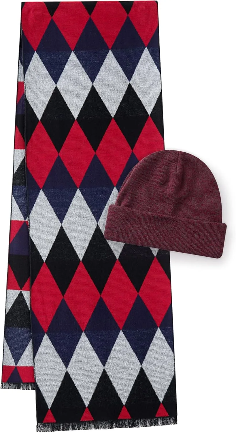 CALVIN & OLIVIA Mens Winter Warm Long Soft Scarf Plaid Tassel Scarf for Men Soft Classic Scarves Red Grey Black Rhombus Lattice Pattern Set