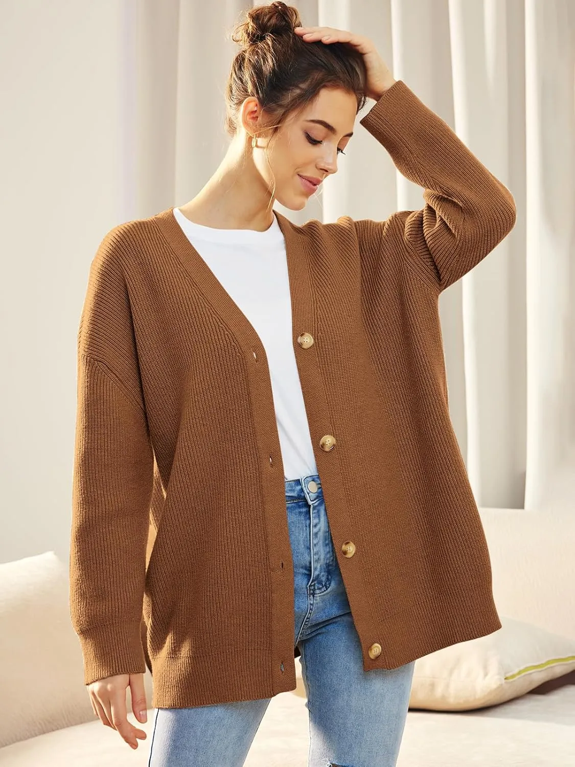 Cashmere Cocoon Cardigan for Women Open Front Oversized Button Down Chunky V Neck Fall Cardigans Sweaters Knit Coat