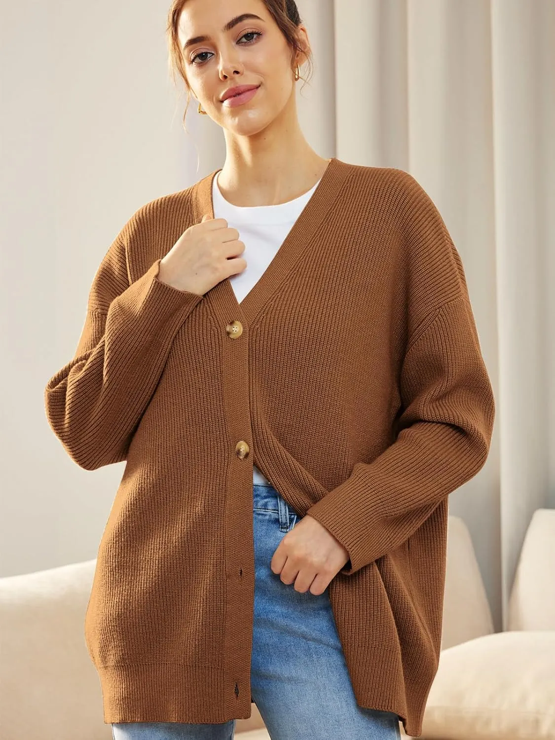Cashmere Cocoon Cardigan for Women Open Front Oversized Button Down Chunky V Neck Fall Cardigans Sweaters Knit Coat