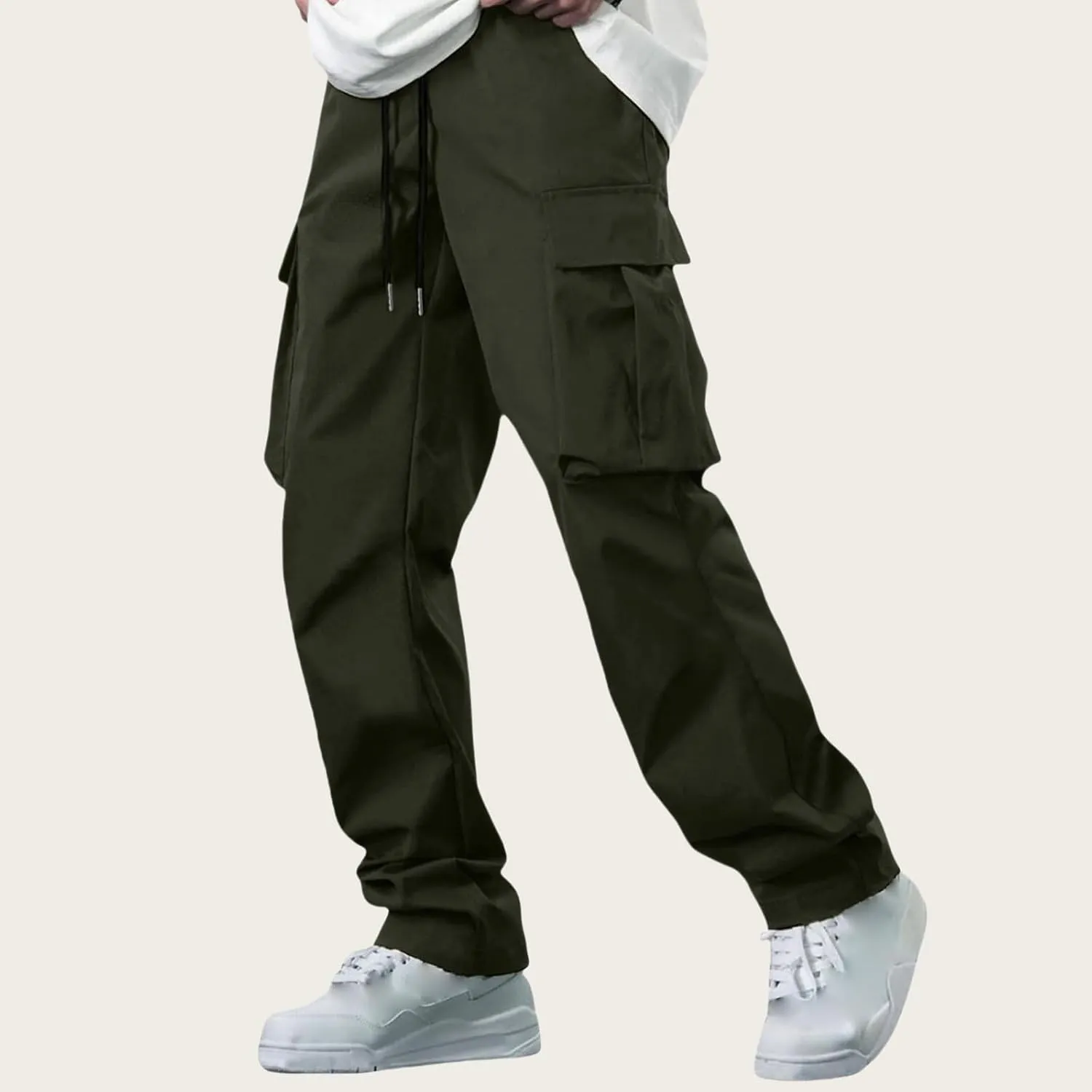 Casual Cargo Pants for Men Drawstring Tactical Pants Hiking Workout Joggers Stretch Sweatpants with Multi Pockets