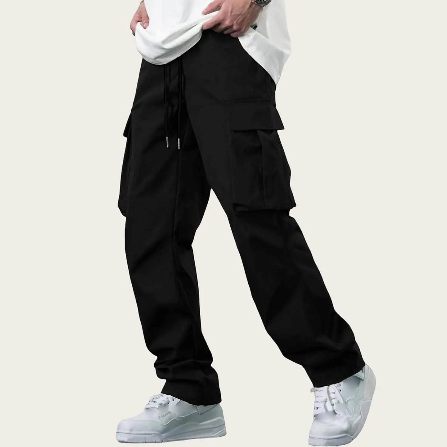 Casual Cargo Pants for Men Drawstring Tactical Pants Hiking Workout Joggers Stretch Sweatpants with Multi Pockets