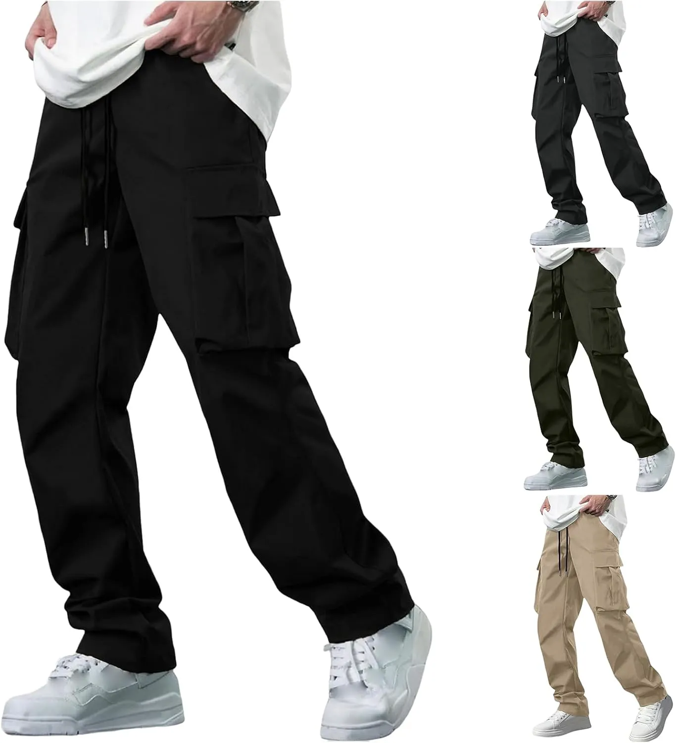 Casual Cargo Pants for Men Drawstring Tactical Pants Hiking Workout Joggers Stretch Sweatpants with Multi Pockets