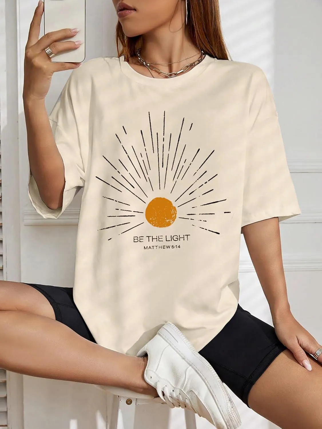 Christian Oversized Shirts Woman Be The Light Jesus Faith Bible Verse Tshirt Casual Christians Inspirational Tee Top