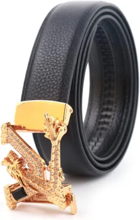 Click Black Leather Belt for Men, Ratchet Belt with Sliding Buckle Rhinestones Animals, Adjustable Trim to Exact Fit