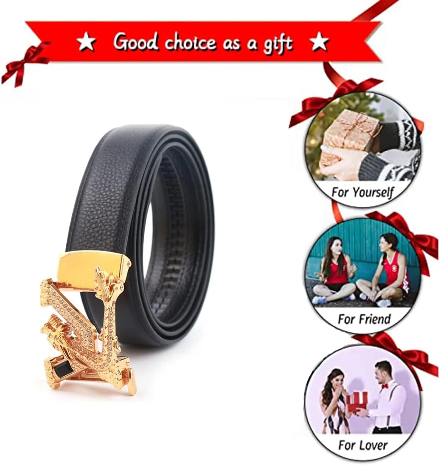 Click Black Leather Belt for Men, Ratchet Belt with Sliding Buckle Rhinestones Animals, Adjustable Trim to Exact Fit