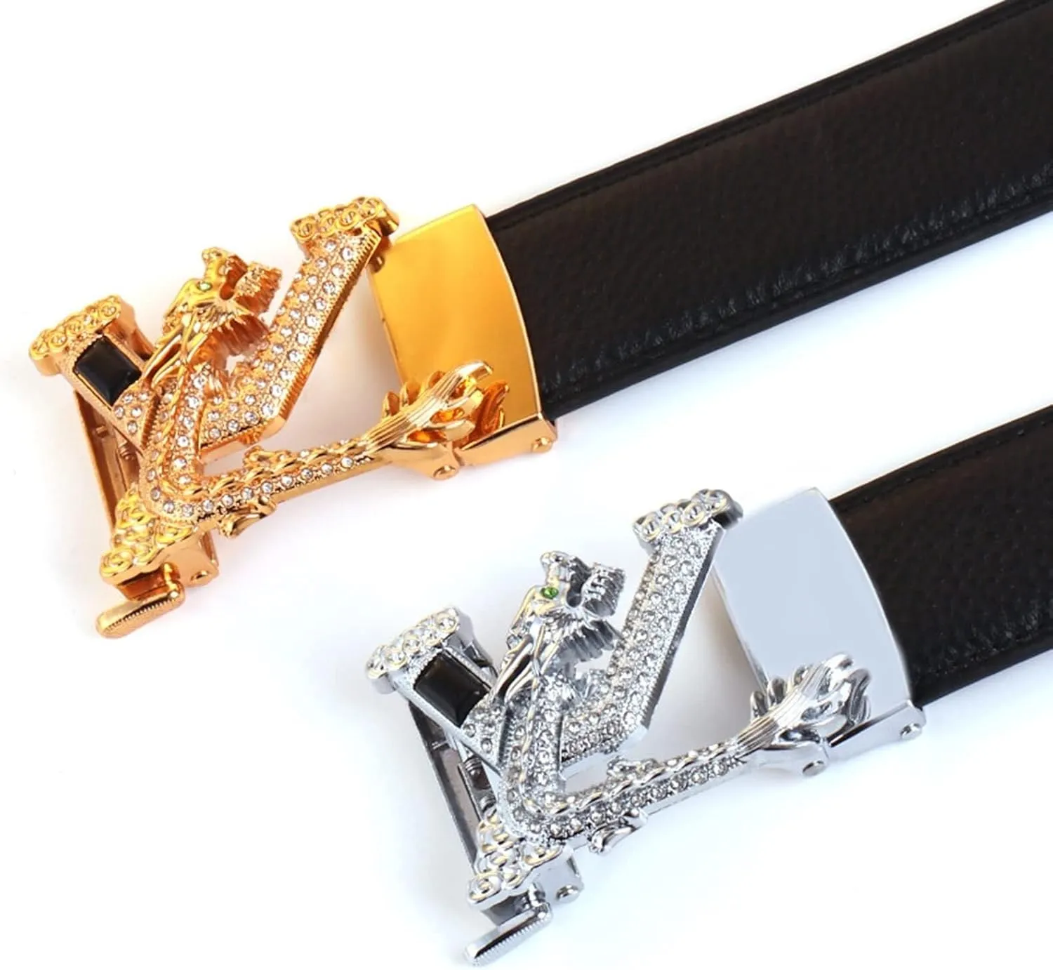 Click Black Leather Belt for Men, Ratchet Belt with Sliding Buckle Rhinestones Animals, Adjustable Trim to Exact Fit
