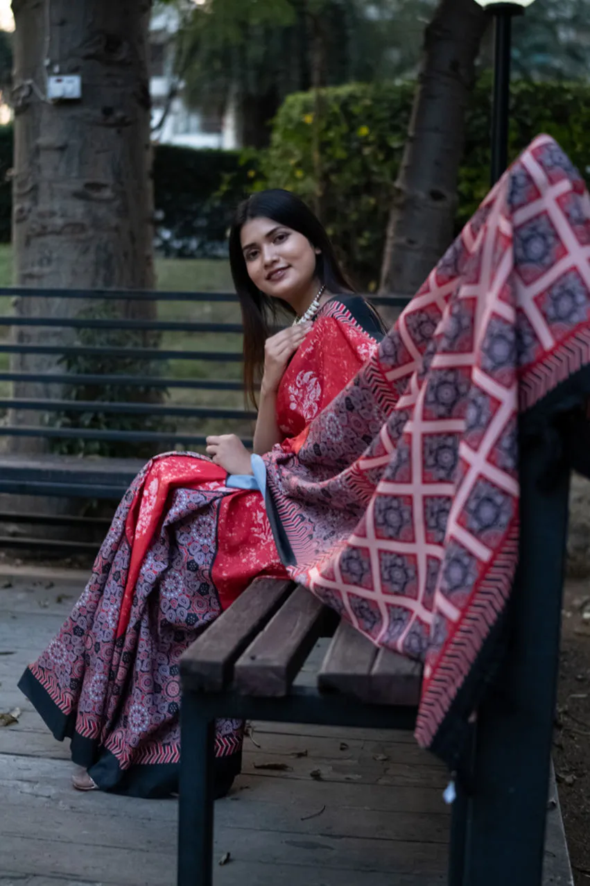 Comfortable Red & Black Soft like butter Printed All Over Wrap in 1 minute saree