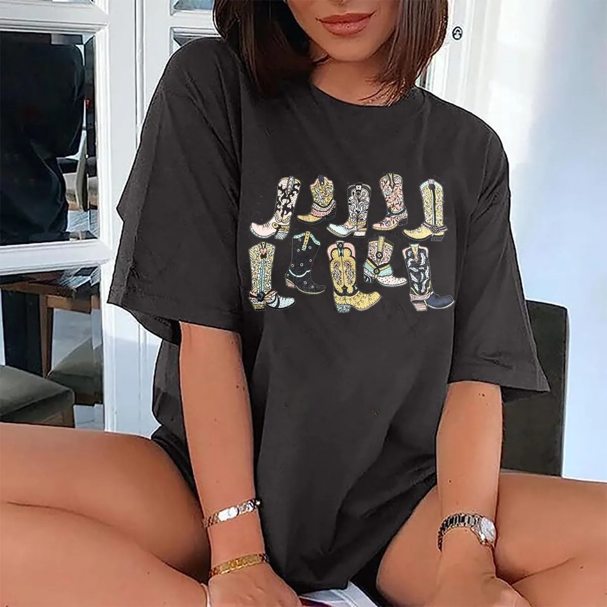 Cowgirl Boots Shirt Women Coutry Music T Shirt Western Tee Vintage Oversized Music Concert Blouse Top