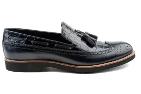 Debbano Kea Alligator Pattern Embossed and Brogue Top Grain Leather Tassel Loafers, Longwing Black Leather Tassel Loafers, Comfortable Loafers