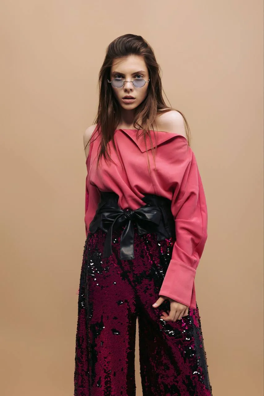 Designer One Shoulder Blouse Pink & Purple