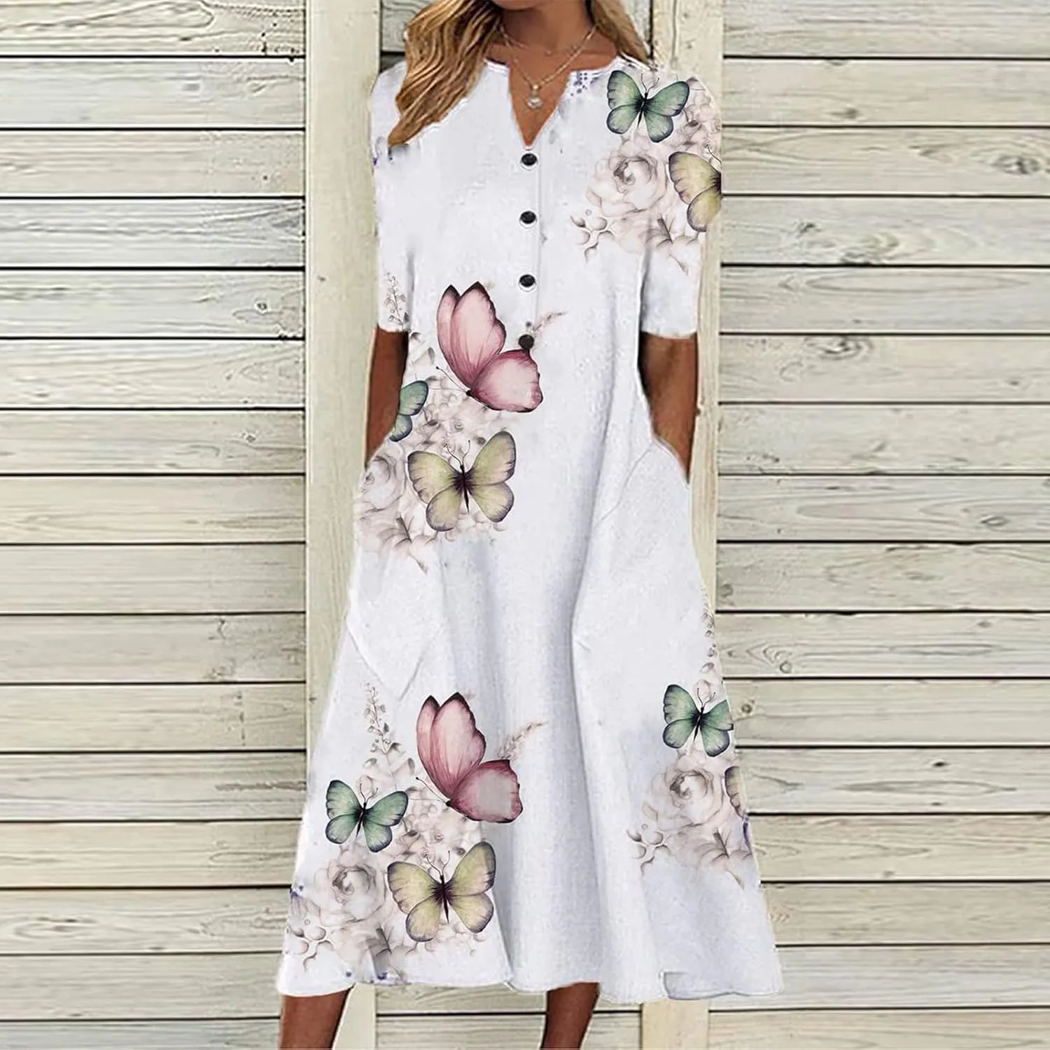 Dresses for Women 2025 Casual T Shirt Dress Spring Summer Floral Dress Elegant A-Line Dress V Neck Short Sleeve Dress