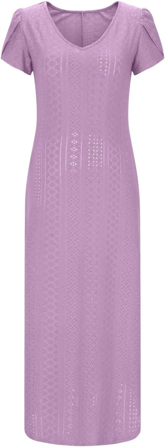 Eyelet Summer Dress for Women 2025 Beach Vacation Maxi Sundress Petal Sleeves Tshirts Dress A Line Flowy Long Dress
