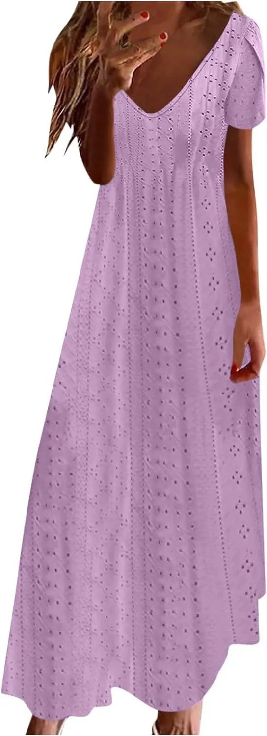 Eyelet Summer Dress for Women 2025 Beach Vacation Maxi Sundress Petal Sleeves Tshirts Dress A Line Flowy Long Dress