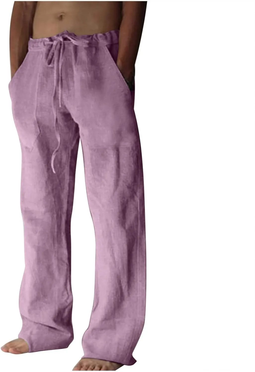 Finelylove Cotton Linen Pants Men Casual Relaxed Fit Drawstring Elastic Waist Summer Beach Pants Straight Lounge Trousers