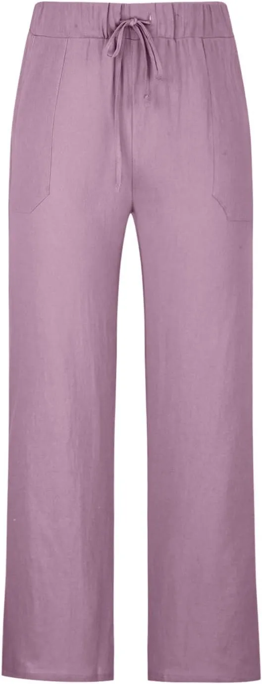 Finelylove Cotton Linen Pants Men Casual Relaxed Fit Drawstring Elastic Waist Summer Beach Pants Straight Lounge Trousers