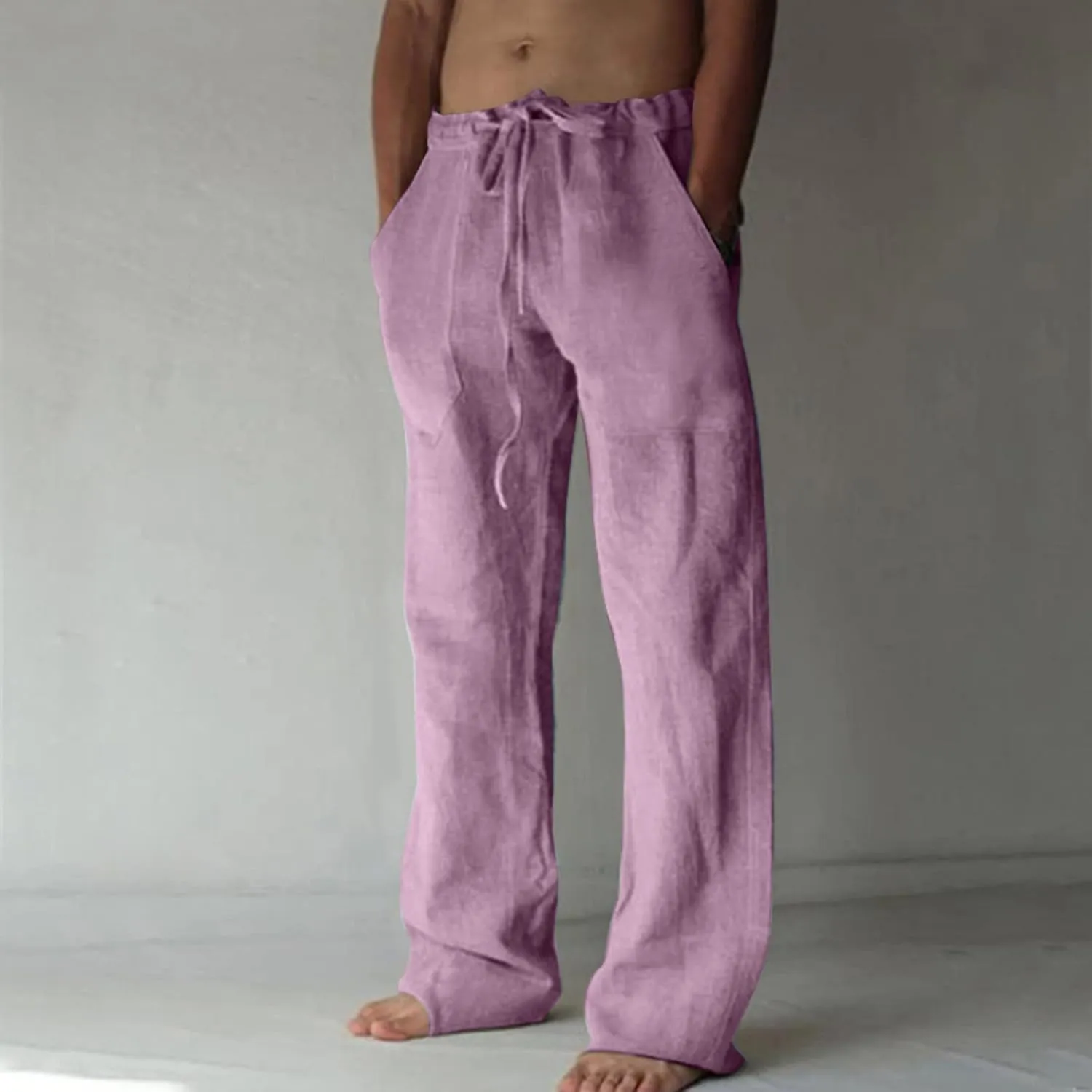 Finelylove Cotton Linen Pants Men Casual Relaxed Fit Drawstring Elastic Waist Summer Beach Pants Straight Lounge Trousers