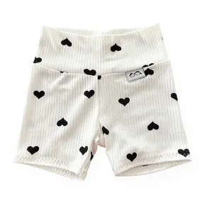 Flipped Black Hearts on White Ribbed Biker Shorts