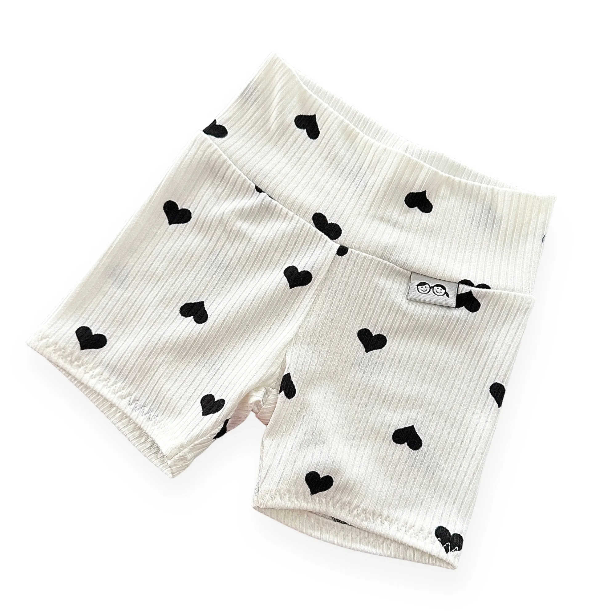 Flipped Black Hearts on White Ribbed Biker Shorts