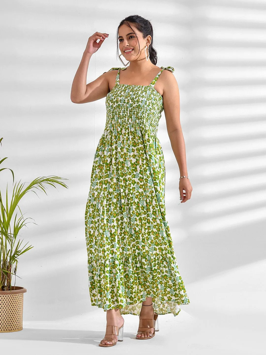 Green Floral Strappy Smocked Maxi Dress