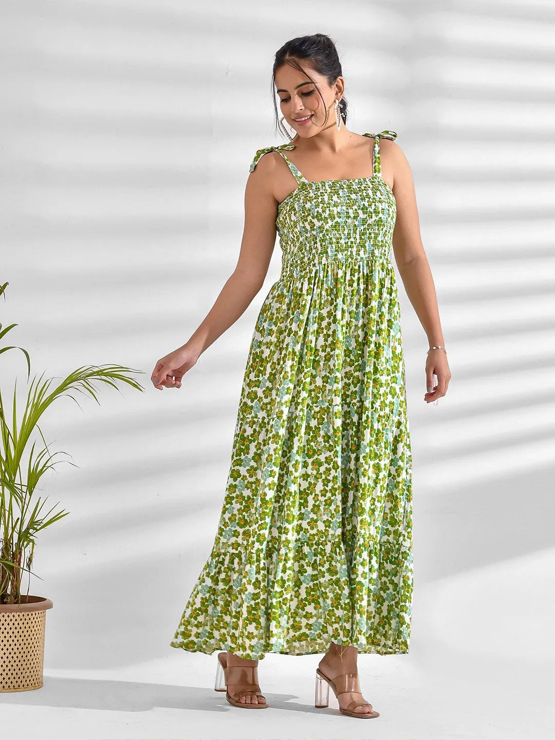 Green Floral Strappy Smocked Maxi Dress