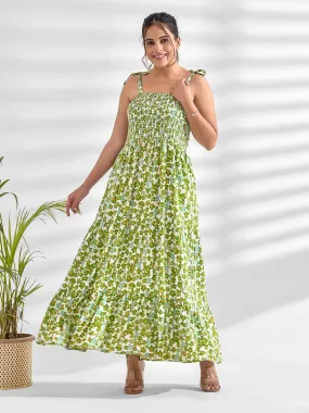 Green Floral Strappy Smocked Maxi Dress