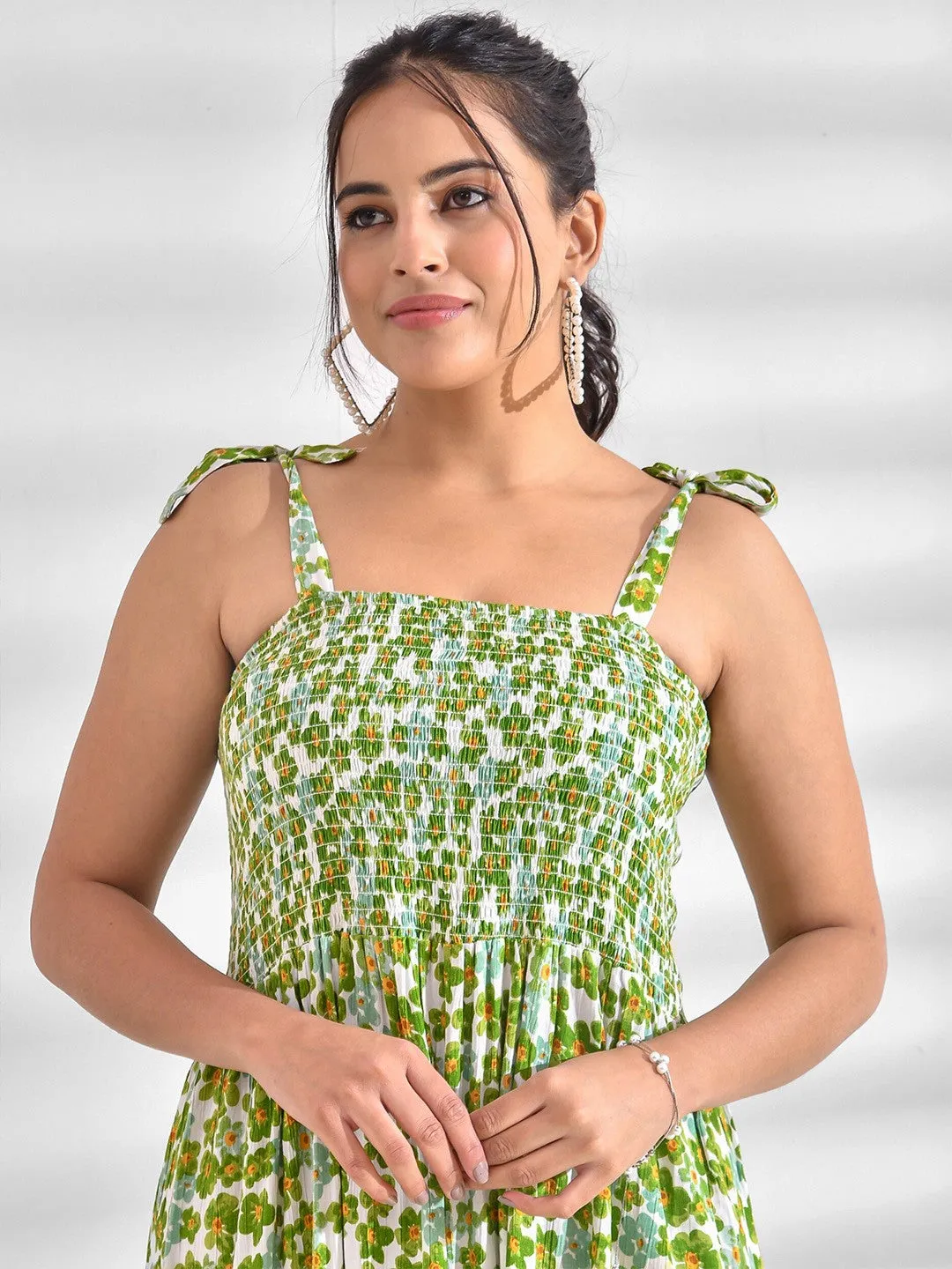 Green Floral Strappy Smocked Maxi Dress