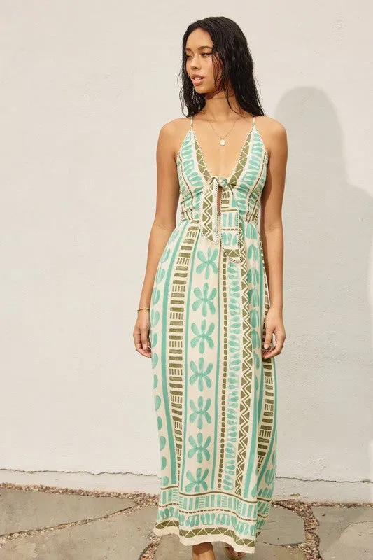 Kili Sleeveless Back Tie Abstract Print Maxi Dress Green