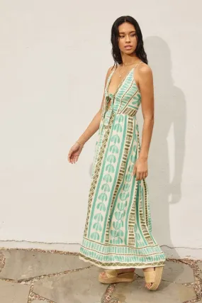 Kili Sleeveless Back Tie Abstract Print Maxi Dress Green