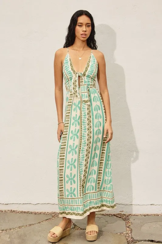 Kili Sleeveless Back Tie Abstract Print Maxi Dress Green