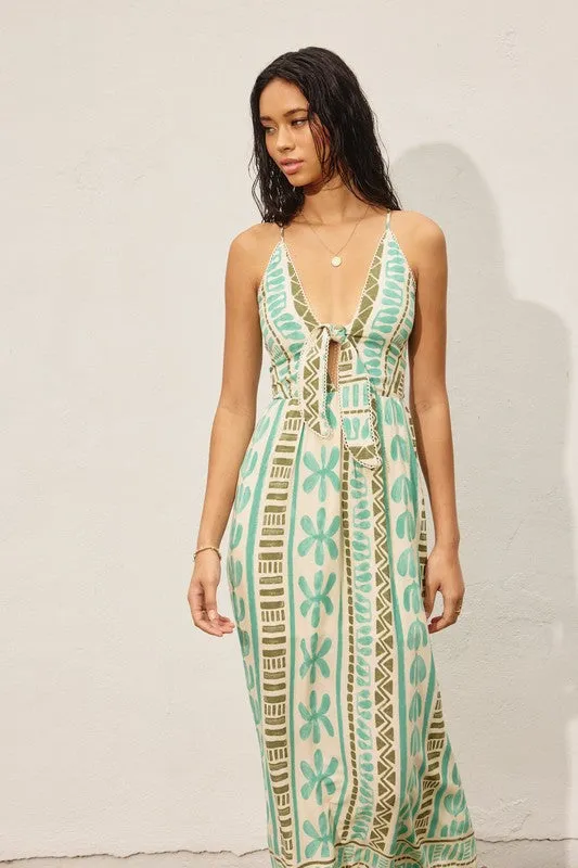 Kili Sleeveless Back Tie Abstract Print Maxi Dress Green