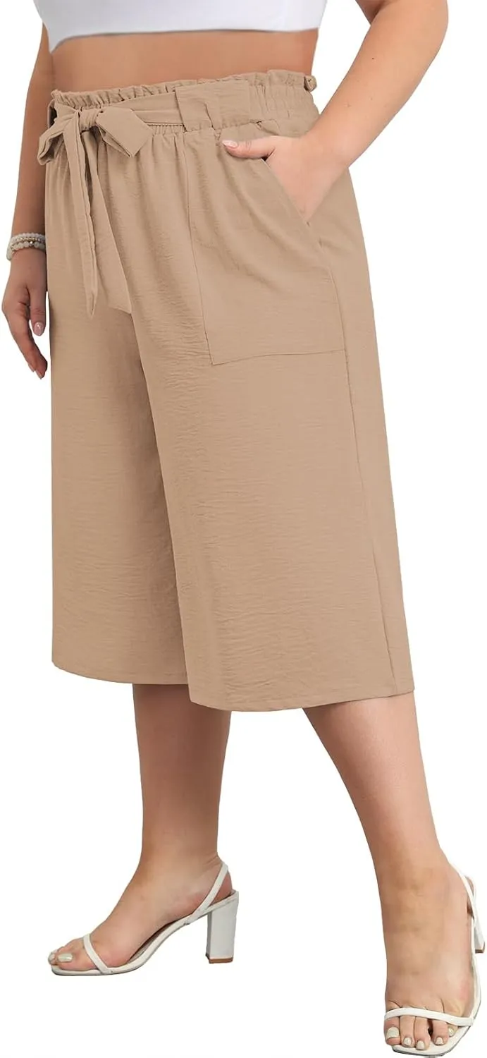 Lastshe Women's Casual Plus Size Cropped Wide-Leg Pants with Pockets High Waisted Adjustable Tie Knot Capri Palazzo Trousers