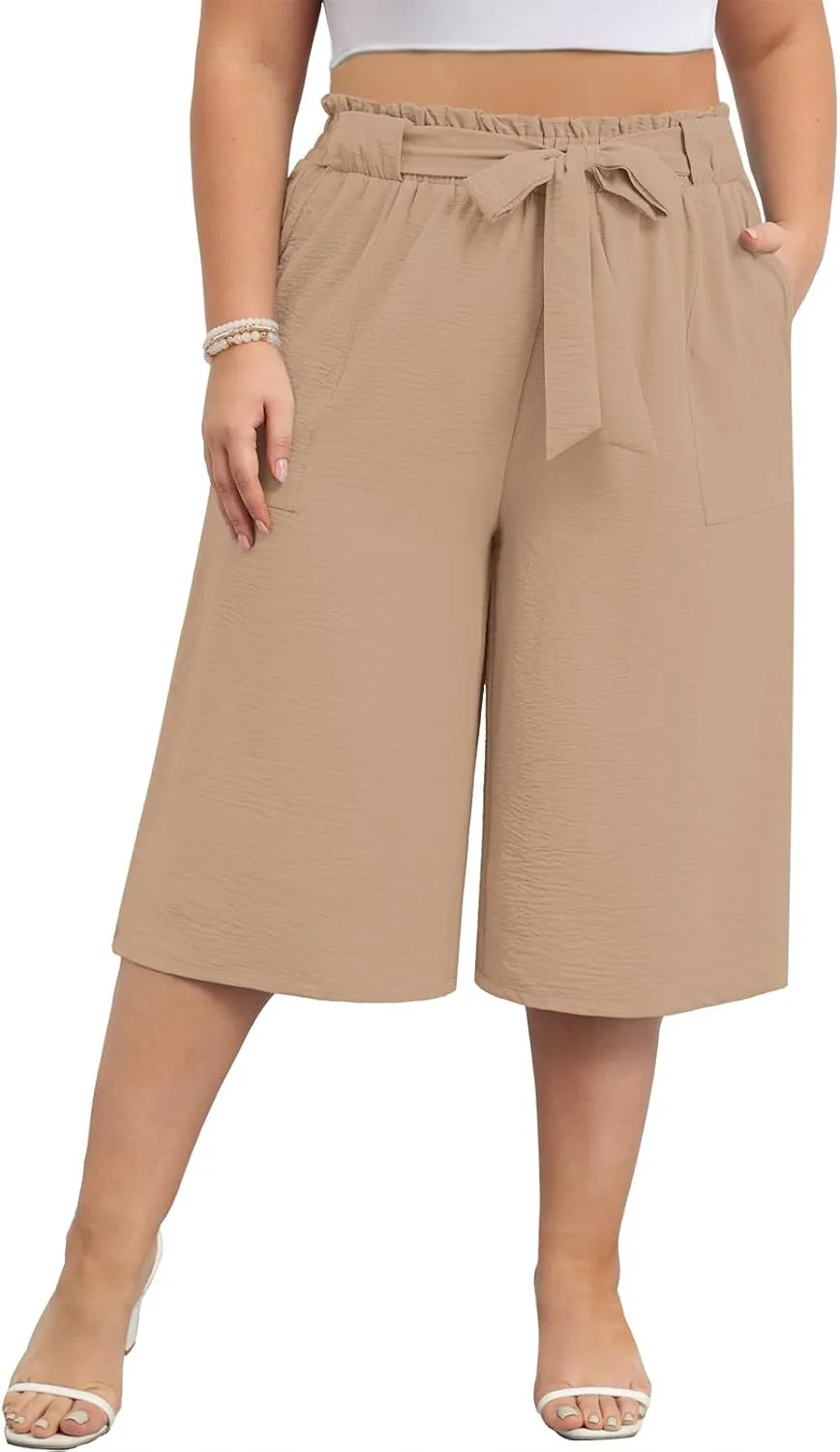 Lastshe Women's Casual Plus Size Cropped Wide-Leg Pants with Pockets High Waisted Adjustable Tie Knot Capri Palazzo Trousers