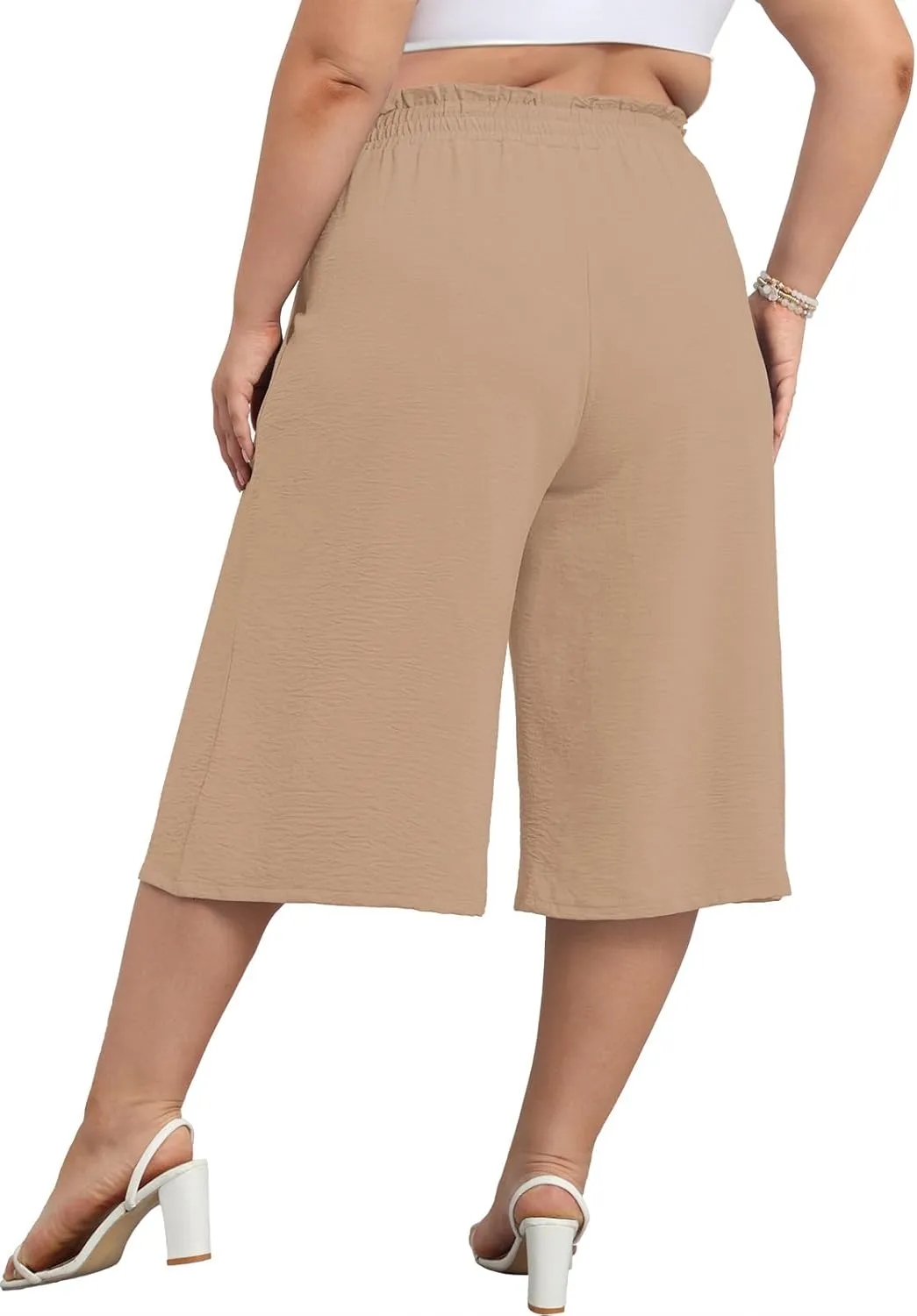 Lastshe Women's Casual Plus Size Cropped Wide-Leg Pants with Pockets High Waisted Adjustable Tie Knot Capri Palazzo Trousers