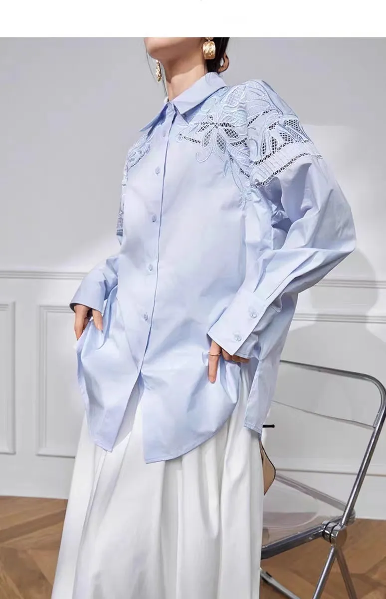 Laura – Embroidered Hollow-Out Mid-Length Blouse