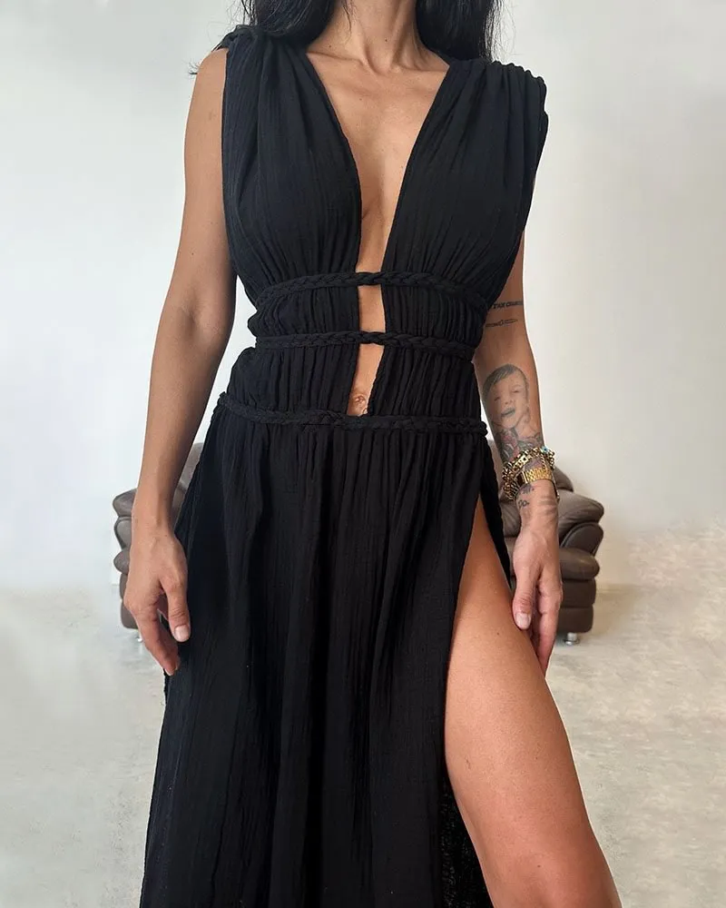 Linen Sleeveless Braided Belted Cutout Slit Dress