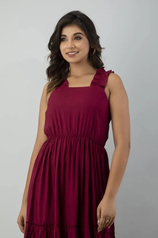 Maroon Solid Square Neck Maxi Dress