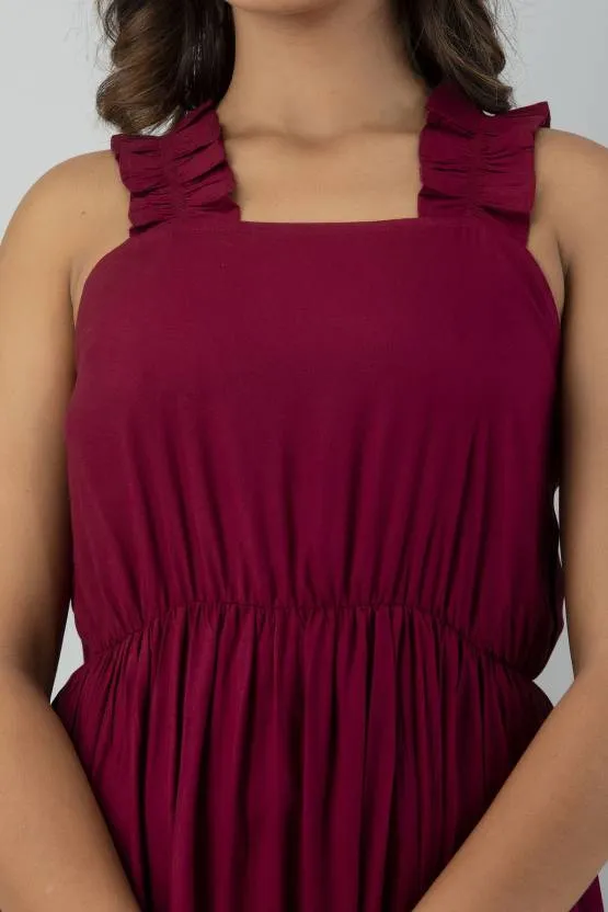 Maroon Solid Square Neck Maxi Dress