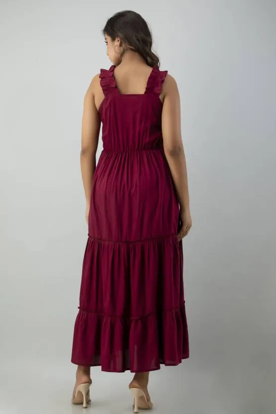Maroon Solid Square Neck Maxi Dress
